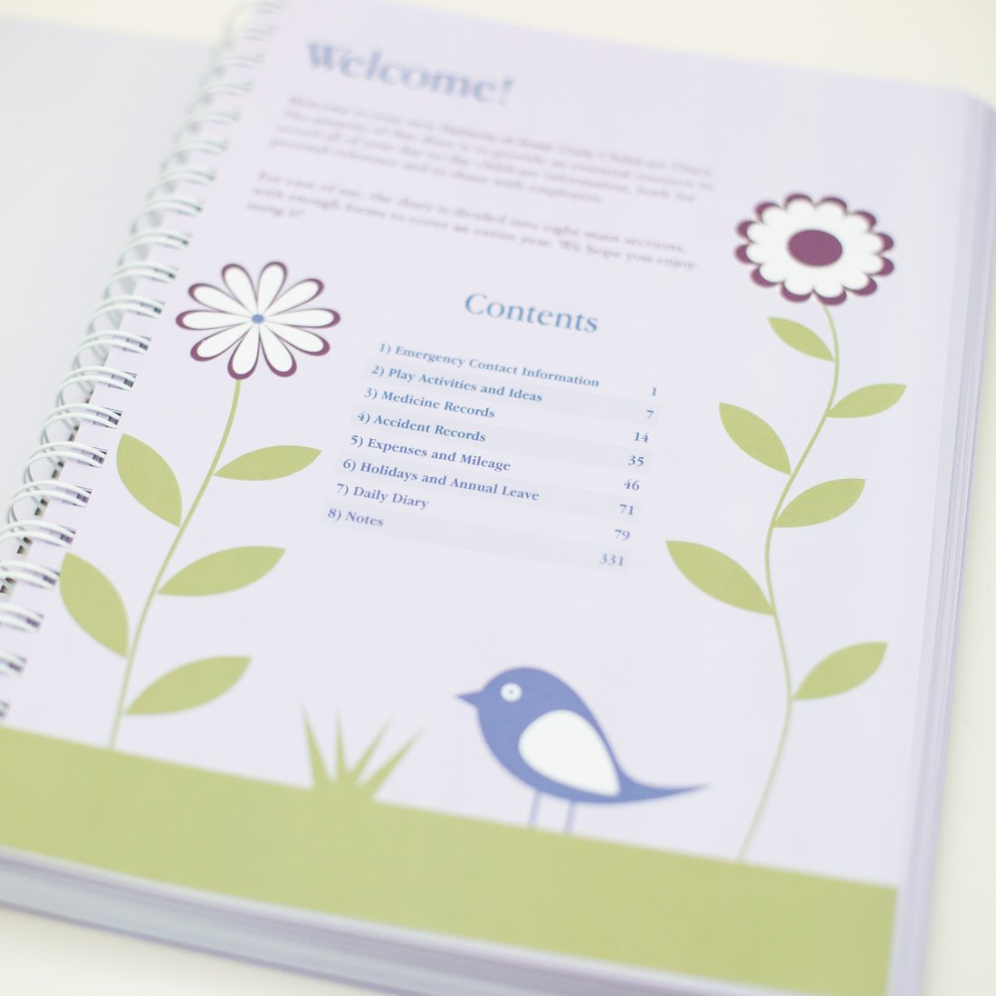 The diary's welcome and contents pages